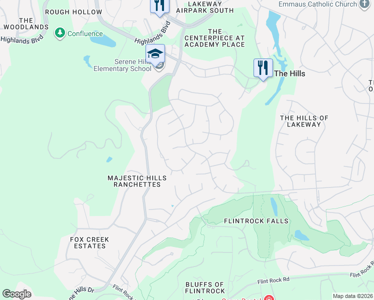 map of restaurants, bars, coffee shops, grocery stores, and more near 1 Heatherbloom Lane in The Hills