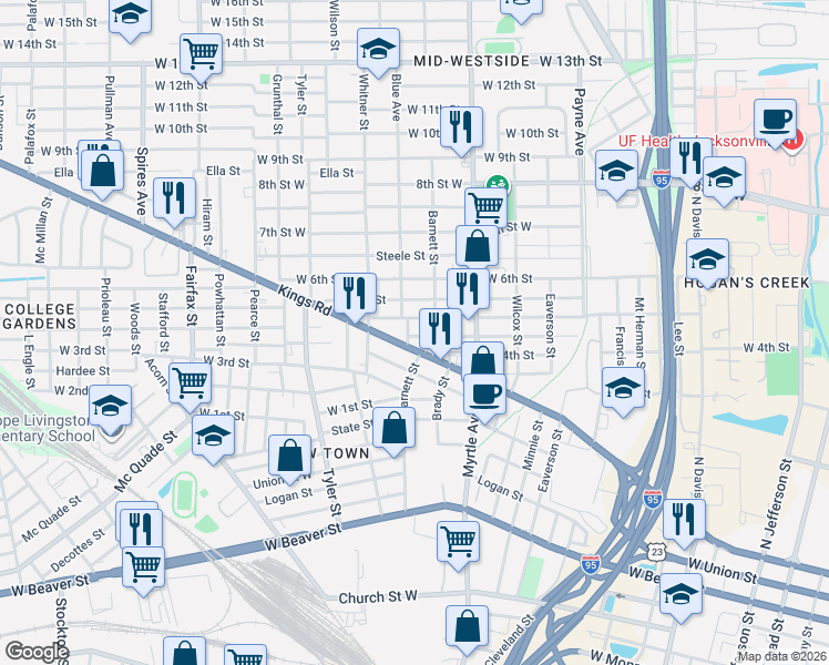 map of restaurants, bars, coffee shops, grocery stores, and more near 1409 Kings Road in Jacksonville
