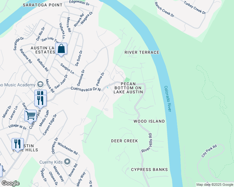 map of restaurants, bars, coffee shops, grocery stores, and more near 2413 Cuernavaca Drive North in Austin