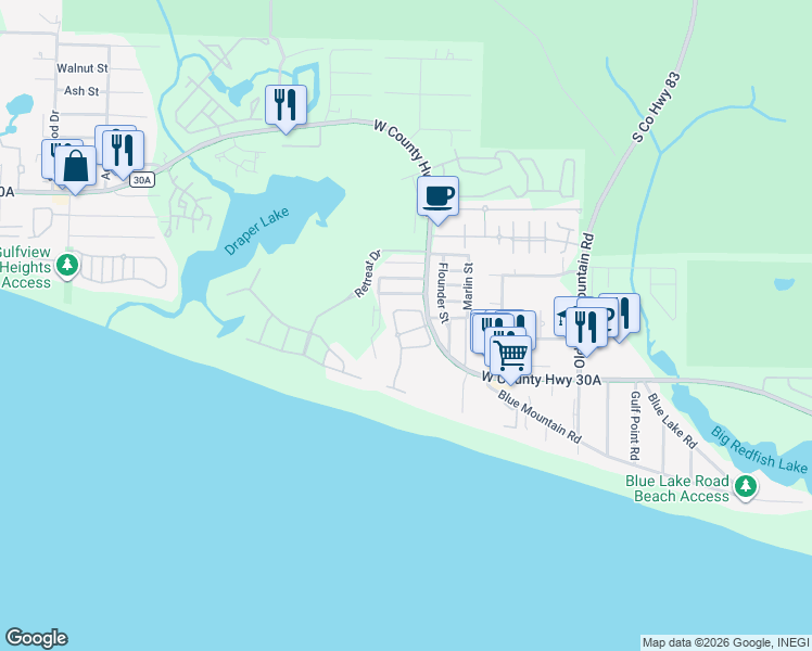 map of restaurants, bars, coffee shops, grocery stores, and more near 67 White Cliffs Boulevard in Santa Rosa Beach
