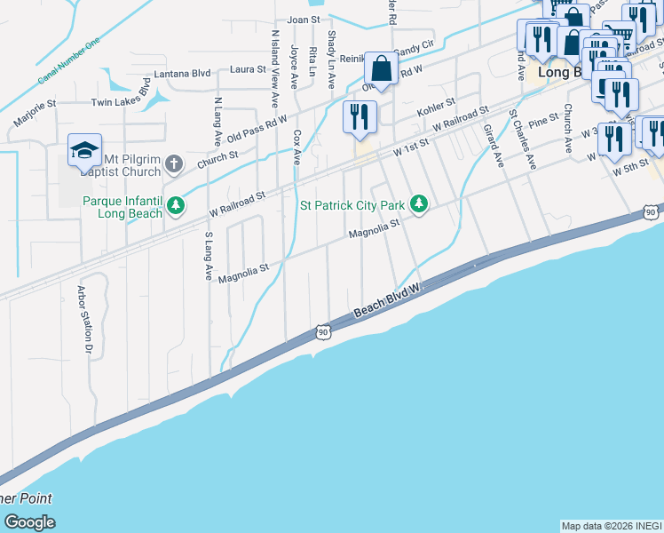 map of restaurants, bars, coffee shops, grocery stores, and more near 104 Runnels Avenue in Long Beach