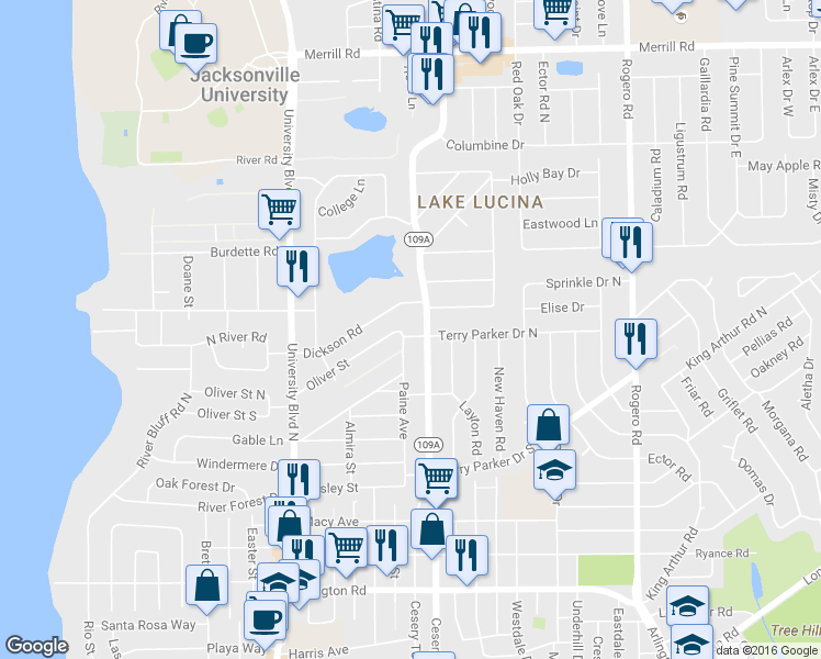map of restaurants, bars, coffee shops, grocery stores, and more near 5836 Oliver Street in Jacksonville