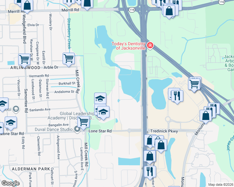 map of restaurants, bars, coffee shops, grocery stores, and more near 1670 Mathews Manor Drive in Jacksonville