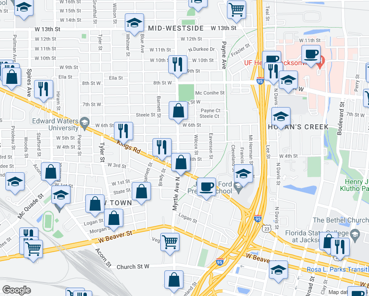 map of restaurants, bars, coffee shops, grocery stores, and more near 1269 Hart Street in Jacksonville