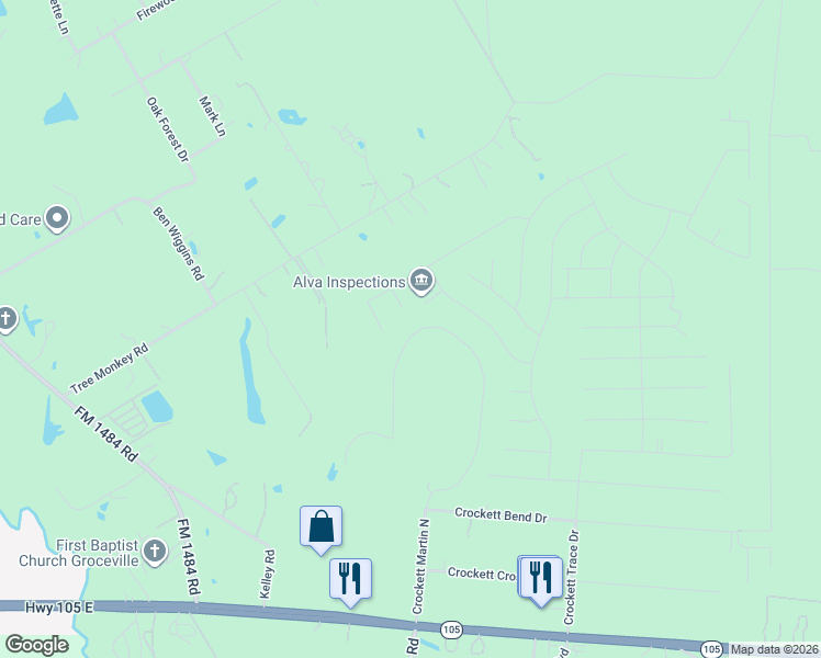 map of restaurants, bars, coffee shops, grocery stores, and more near 225 Crockett Martin North in Conroe