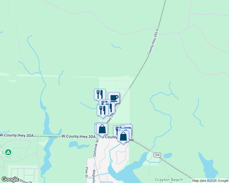 map of restaurants, bars, coffee shops, grocery stores, and more near 56 Arbor Lane in Santa Rosa Beach