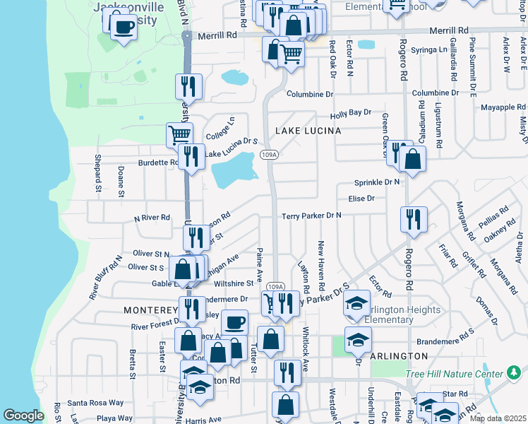 map of restaurants, bars, coffee shops, grocery stores, and more near 5836 Oliver Street in Jacksonville