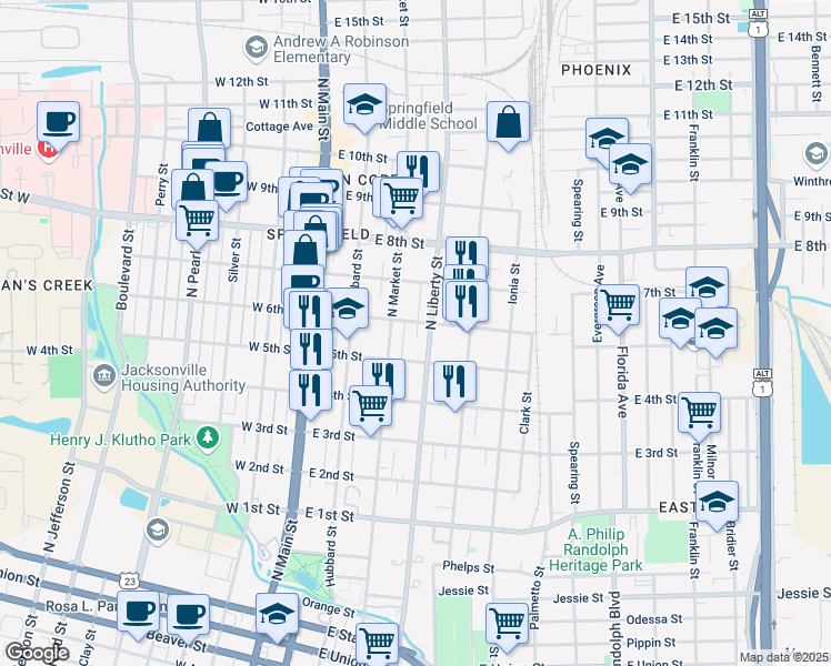map of restaurants, bars, coffee shops, grocery stores, and more near 1525 North Liberty Street in Jacksonville