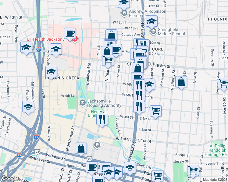map of restaurants, bars, coffee shops, grocery stores, and more near 236 West 5th Street in Jacksonville
