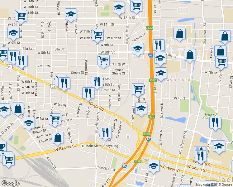 map of restaurants, bars, coffee shops, grocery stores, and more near 1210 Hart Street in Jacksonville