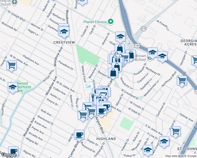 map of restaurants, bars, coffee shops, grocery stores, and more near 7400 North Lamar Boulevard in Austin