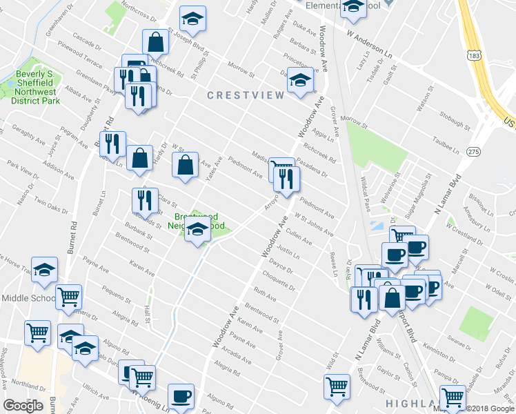 map of restaurants, bars, coffee shops, grocery stores, and more near in Austin