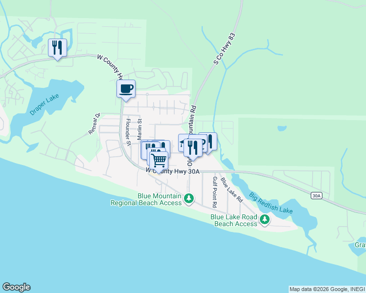map of restaurants, bars, coffee shops, grocery stores, and more near 77 Rolling Dunes Drive in Santa Rosa Beach