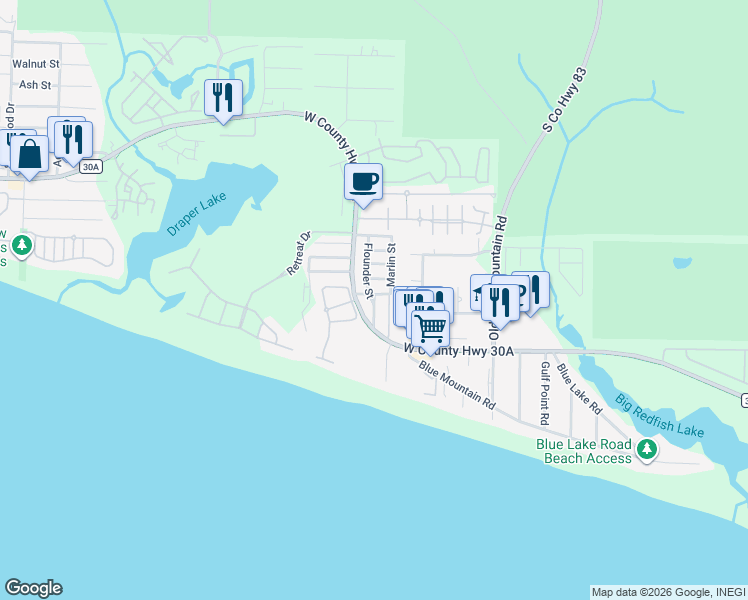 map of restaurants, bars, coffee shops, grocery stores, and more near 2508 West County Highway 30A in Santa Rosa Beach