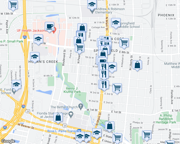 map of restaurants, bars, coffee shops, grocery stores, and more near 137 West 5th Street in Jacksonville