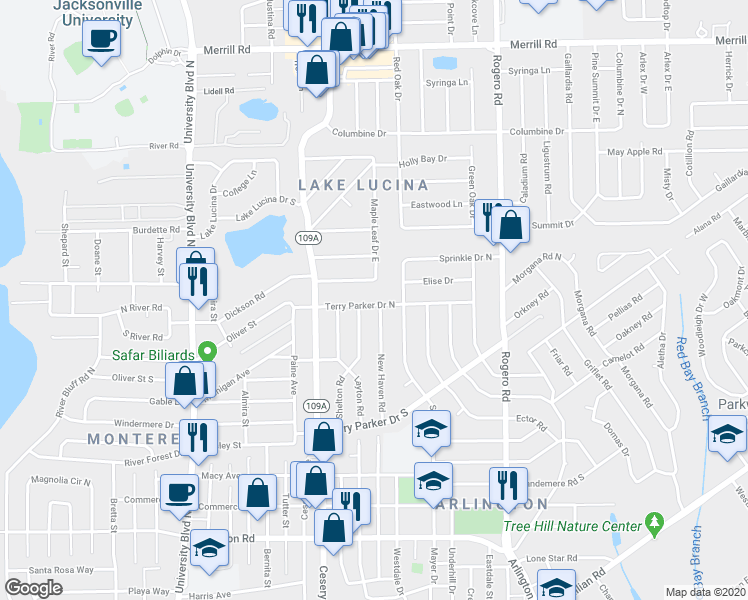 map of restaurants, bars, coffee shops, grocery stores, and more near 6063 Terry Parker Drive North in Jacksonville