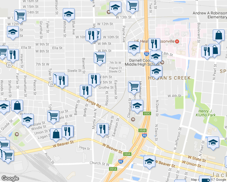map of restaurants, bars, coffee shops, grocery stores, and more near 1210 Hart Street in Jacksonville