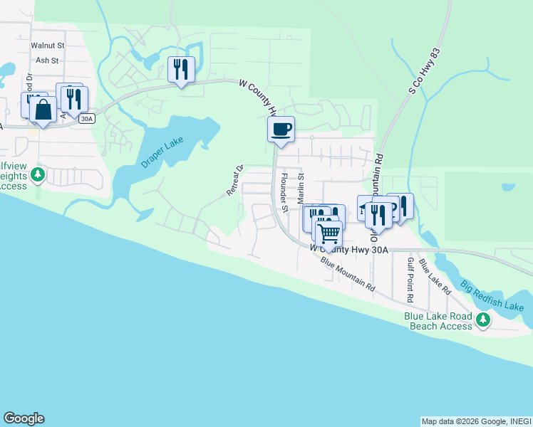 map of restaurants, bars, coffee shops, grocery stores, and more near 67 White Cliffs Boulevard in Santa Rosa Beach
