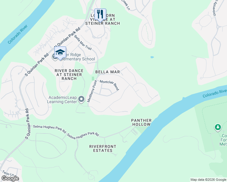 map of restaurants, bars, coffee shops, grocery stores, and more near 12104 Montclair Bend in Austin