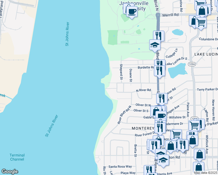 map of restaurants, bars, coffee shops, grocery stores, and more near 5129 Griffin Lane in Jacksonville