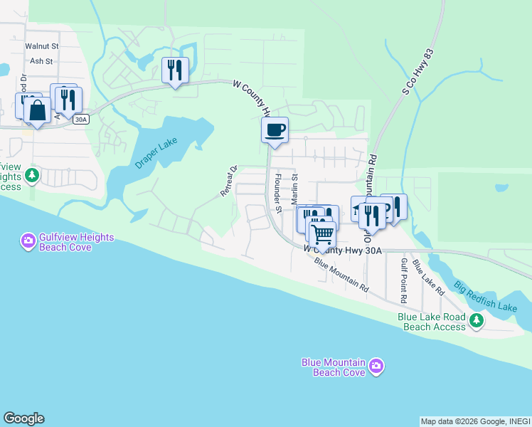 map of restaurants, bars, coffee shops, grocery stores, and more near 5 White Cliffs Drive in Santa Rosa Beach