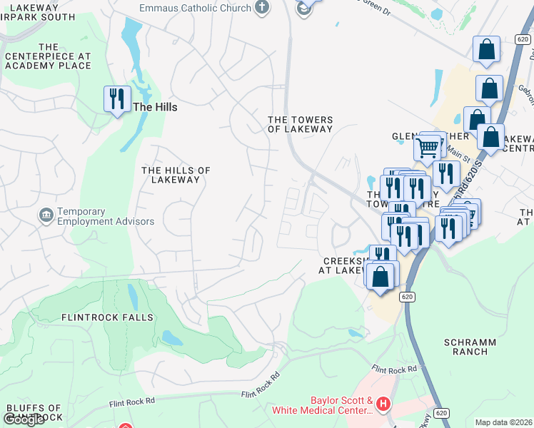 map of restaurants, bars, coffee shops, grocery stores, and more near 10 Parkside Road in The Hills