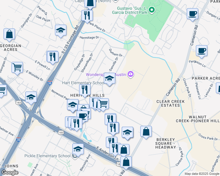 map of restaurants, bars, coffee shops, grocery stores, and more near 8301 Furness Drive in Austin
