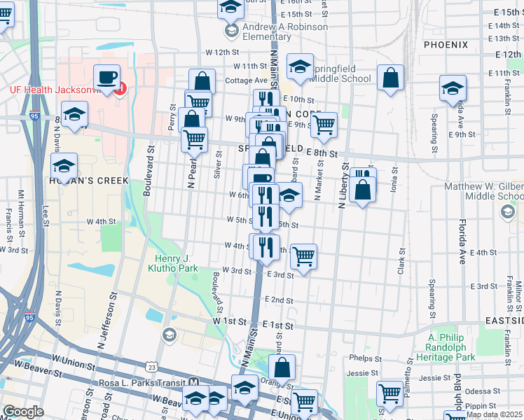 map of restaurants, bars, coffee shops, grocery stores, and more near 1501 North Main Street in Jacksonville