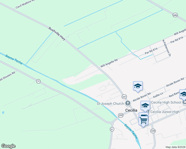 map of restaurants, bars, coffee shops, grocery stores, and more near 1027 Mason Road in Arnaudville