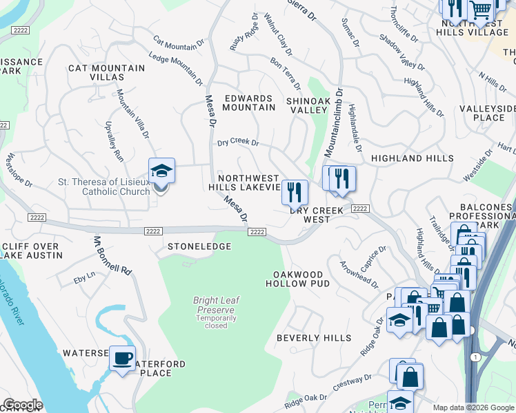map of restaurants, bars, coffee shops, grocery stores, and more near 5715 Mesa Drive in Austin