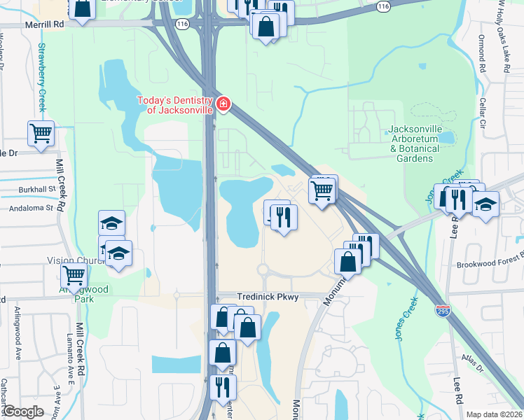map of restaurants, bars, coffee shops, grocery stores, and more near 1290 Kendall Town Boulevard in Jacksonville