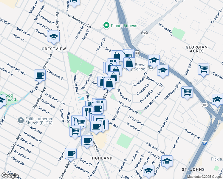 map of restaurants, bars, coffee shops, grocery stores, and more near 7439 North Lamar Boulevard in Austin