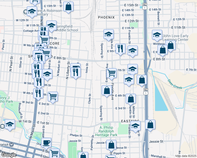 map of restaurants, bars, coffee shops, grocery stores, and more near 1550 Spearing Street in Jacksonville