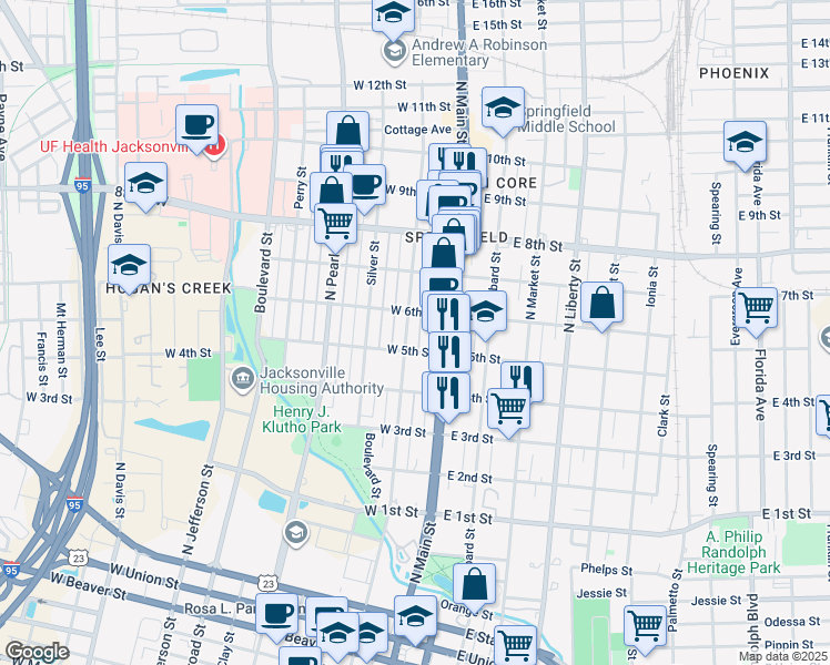 map of restaurants, bars, coffee shops, grocery stores, and more near 45 East 5th Street in Jacksonville