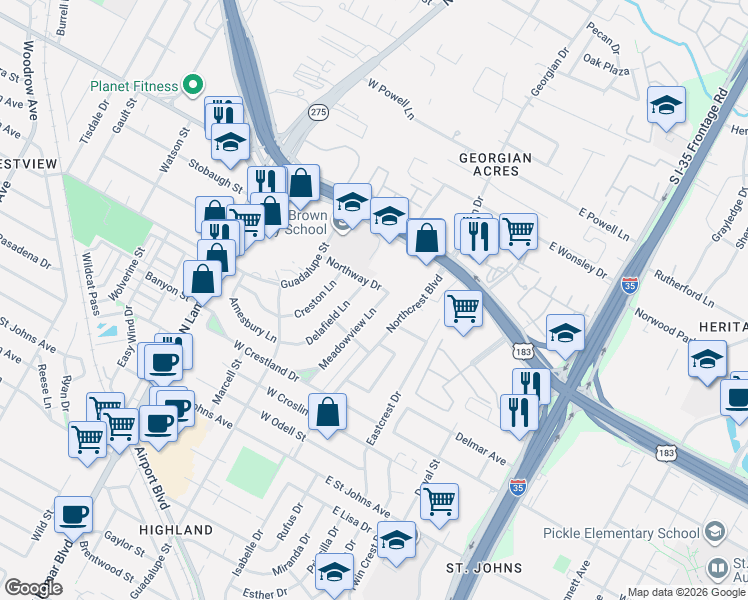 map of restaurants, bars, coffee shops, grocery stores, and more near 7703 Meadowview Lane in Austin