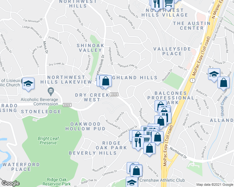 map of restaurants, bars, coffee shops, grocery stores, and more near 3845 Ranch Road 2222 in Austin