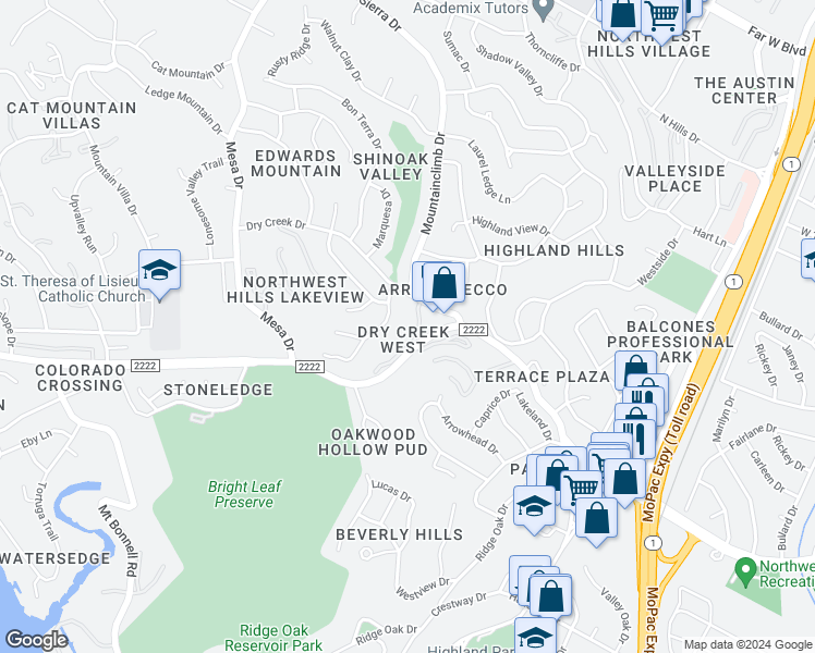 map of restaurants, bars, coffee shops, grocery stores, and more near 3839 Dry Creek Drive in Austin