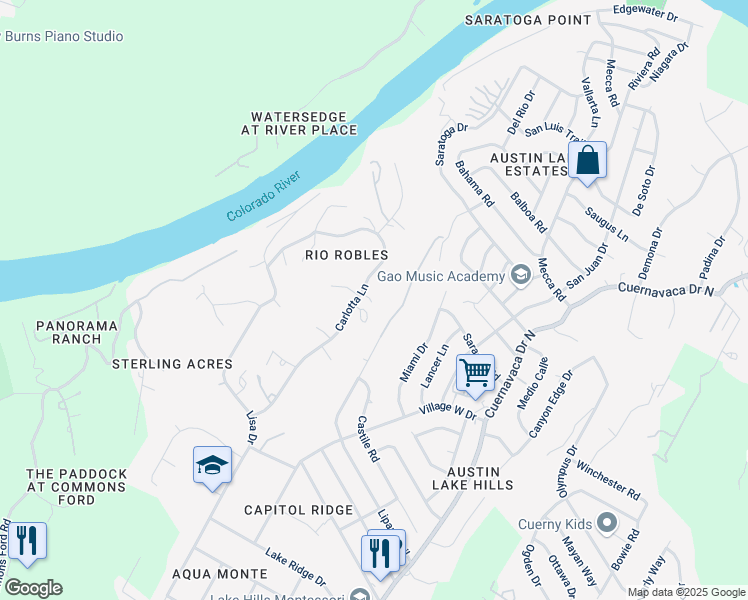 map of restaurants, bars, coffee shops, grocery stores, and more near 1602 Lipan Trail in Austin