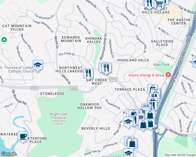 map of restaurants, bars, coffee shops, grocery stores, and more near 3839 Dry Creek Drive in Austin
