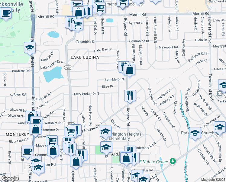 map of restaurants, bars, coffee shops, grocery stores, and more near 6407 Terry Parker Drive North in Jacksonville