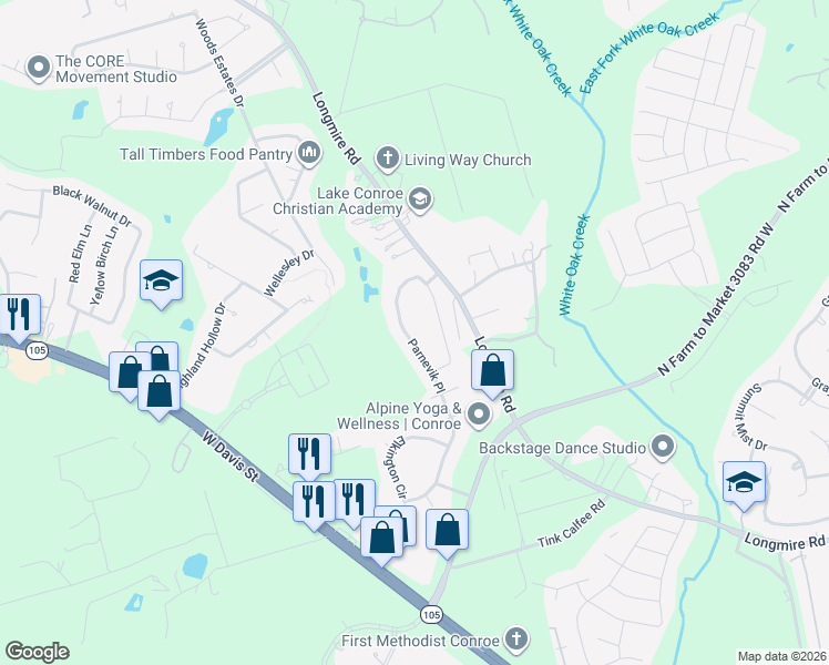 map of restaurants, bars, coffee shops, grocery stores, and more near 2023 Parnevik Place in Conroe