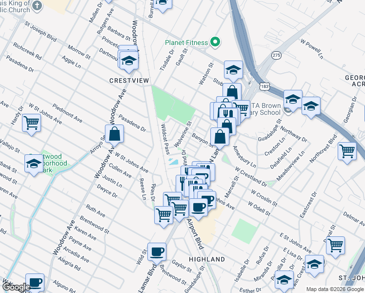 map of restaurants, bars, coffee shops, grocery stores, and more near 7336 Easy Wind Drive in Austin