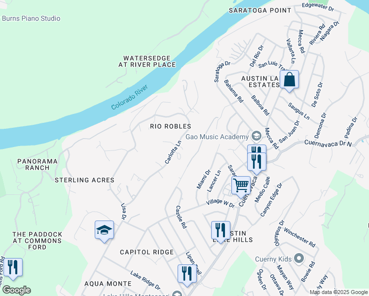 map of restaurants, bars, coffee shops, grocery stores, and more near 1602 Lipan Trail in Austin