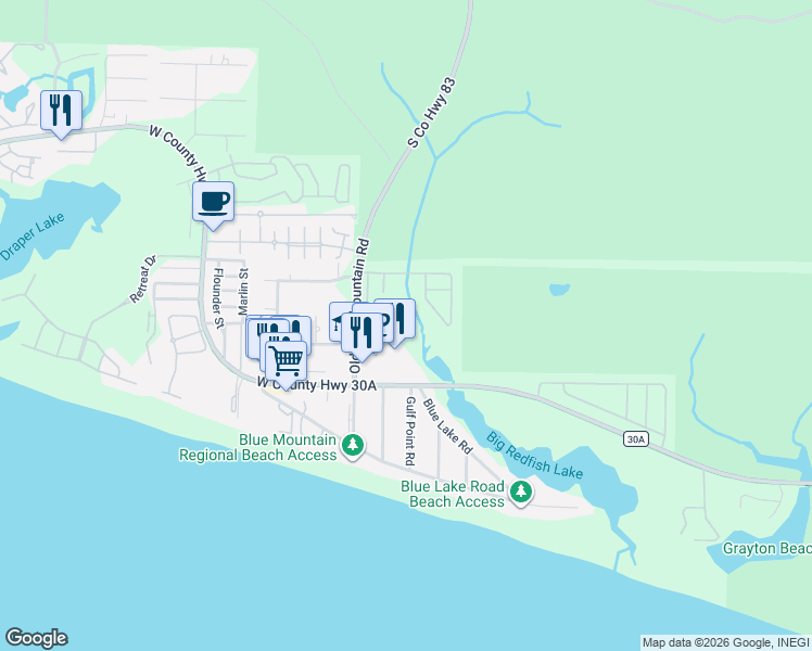 map of restaurants, bars, coffee shops, grocery stores, and more near 258 Cabana Trail in Santa Rosa Beach