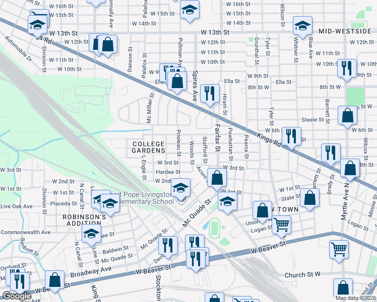 map of restaurants, bars, coffee shops, grocery stores, and more near 1319 Woods Street in Jacksonville