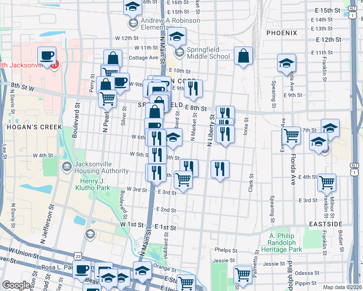 map of restaurants, bars, coffee shops, grocery stores, and more near 1507 Hubbard Street in Jacksonville