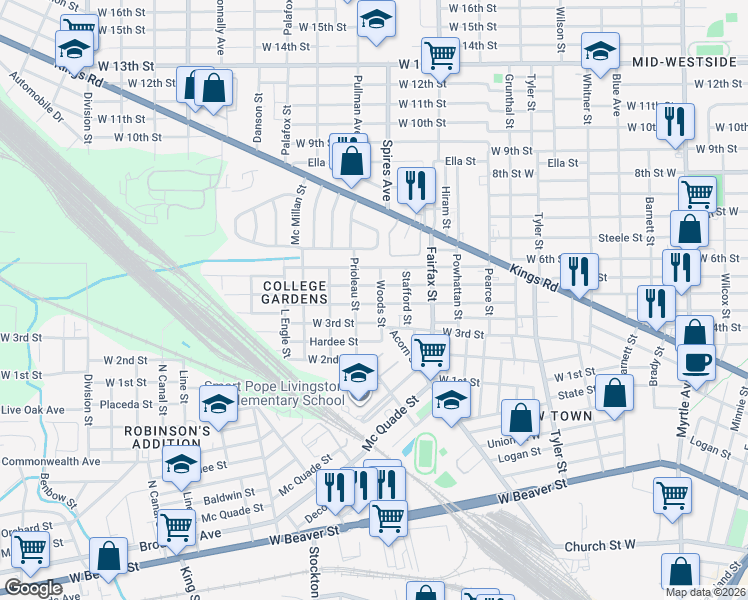 map of restaurants, bars, coffee shops, grocery stores, and more near 1319 Woods Street in Jacksonville