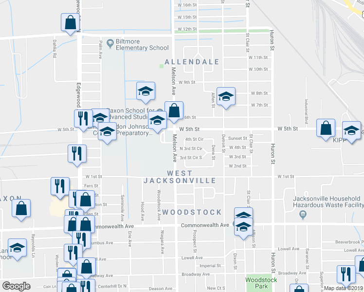 map of restaurants, bars, coffee shops, grocery stores, and more near 3151 3rd Street Circle South in Jacksonville