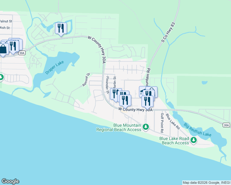 map of restaurants, bars, coffee shops, grocery stores, and more near 86 Dune Side Lane in Santa Rosa Beach