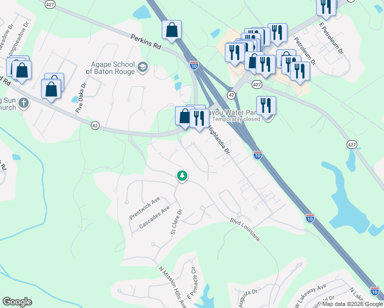 map of restaurants, bars, coffee shops, grocery stores, and more near 316 West Greens Drive in Baton Rouge